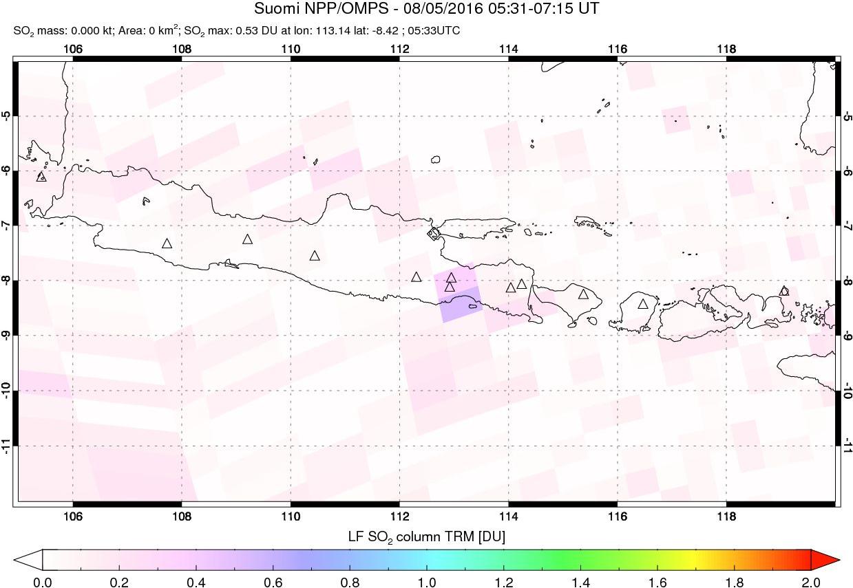 A sulfur dioxide image over Java, Indonesia on Aug 05, 2016.
