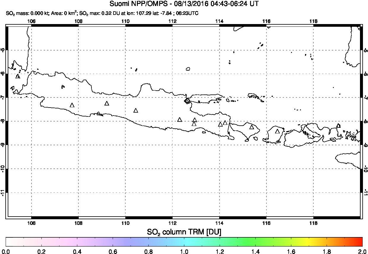 A sulfur dioxide image over Java, Indonesia on Aug 13, 2016.