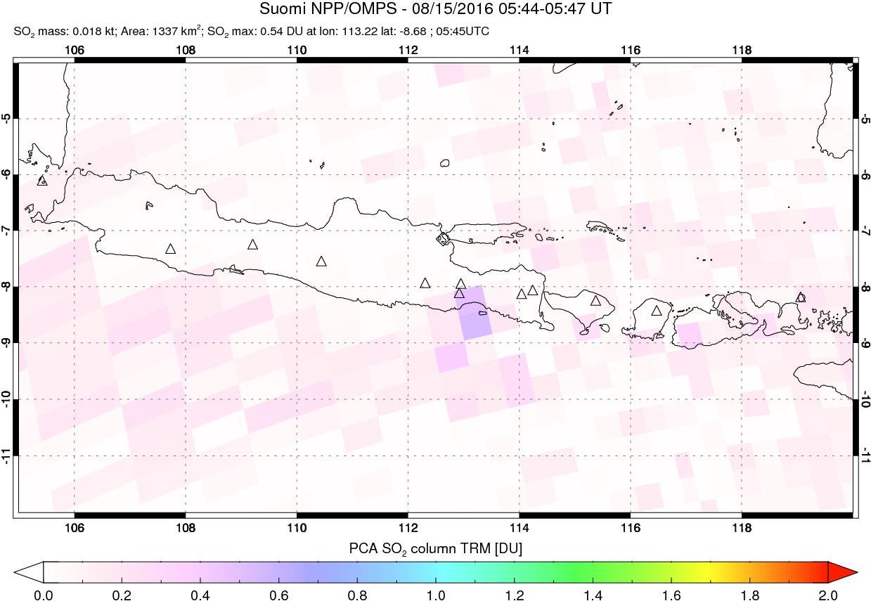 A sulfur dioxide image over Java, Indonesia on Aug 15, 2016.