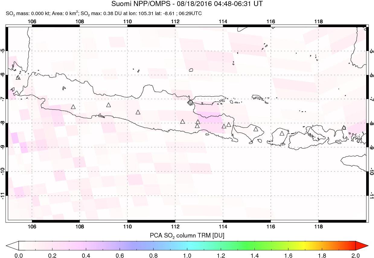 A sulfur dioxide image over Java, Indonesia on Aug 18, 2016.