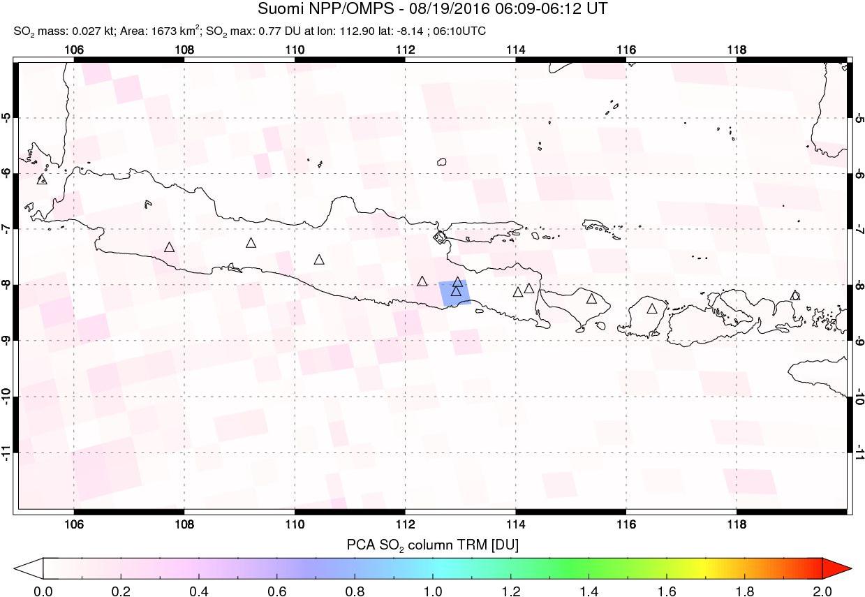 A sulfur dioxide image over Java, Indonesia on Aug 19, 2016.
