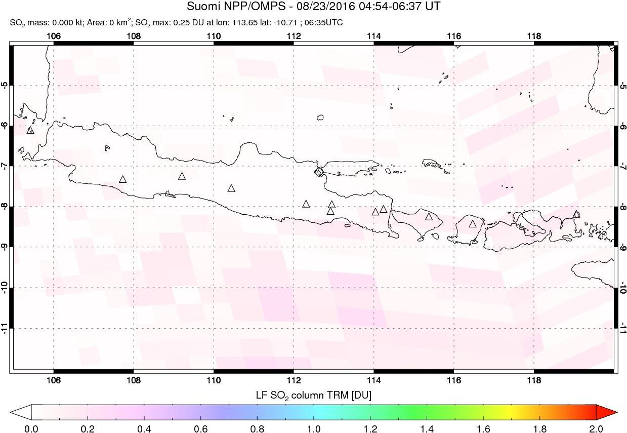 A sulfur dioxide image over Java, Indonesia on Aug 23, 2016.