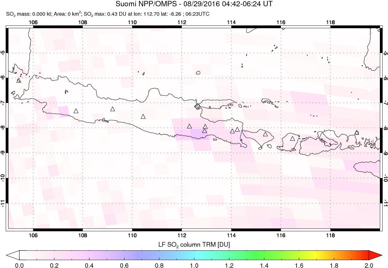 A sulfur dioxide image over Java, Indonesia on Aug 29, 2016.