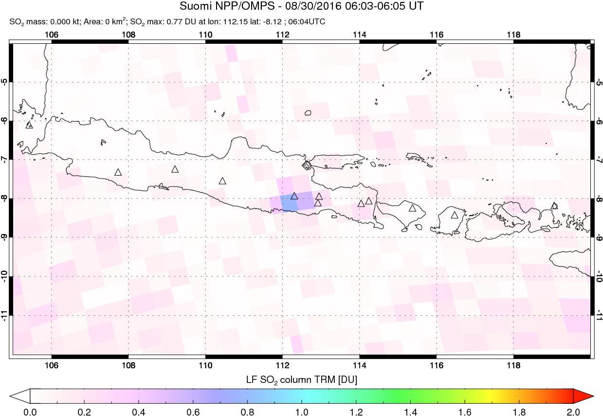 A sulfur dioxide image over Java, Indonesia on Aug 30, 2016.