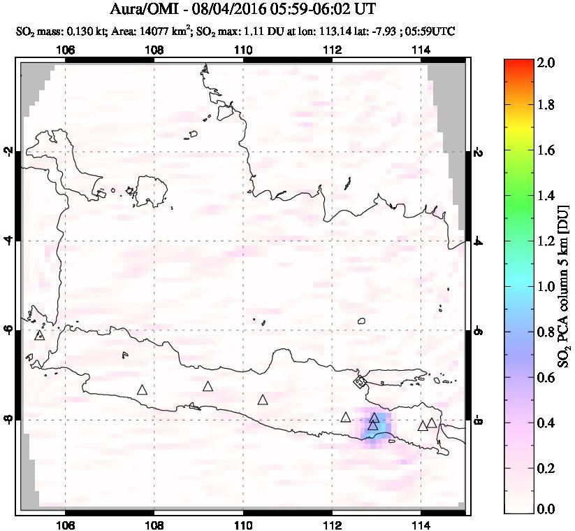 A sulfur dioxide image over Java, Indonesia on Aug 04, 2016.