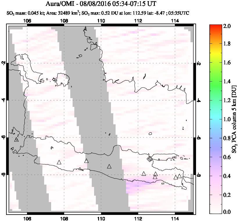 A sulfur dioxide image over Java, Indonesia on Aug 08, 2016.