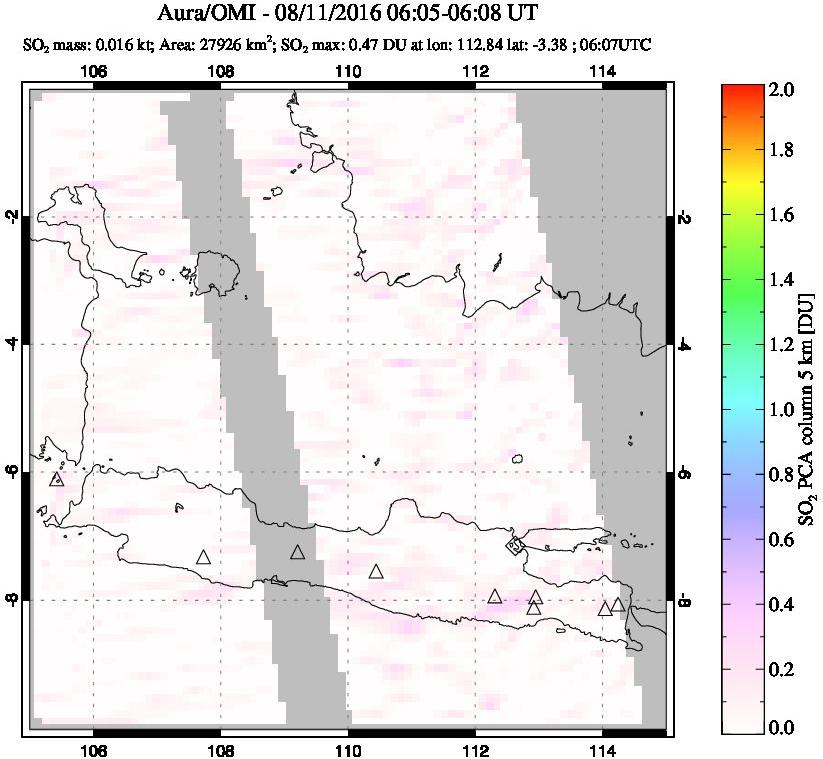 A sulfur dioxide image over Java, Indonesia on Aug 11, 2016.