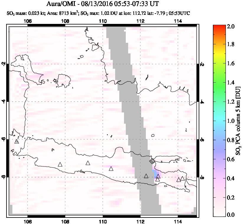 A sulfur dioxide image over Java, Indonesia on Aug 13, 2016.