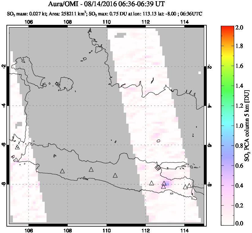 A sulfur dioxide image over Java, Indonesia on Aug 14, 2016.