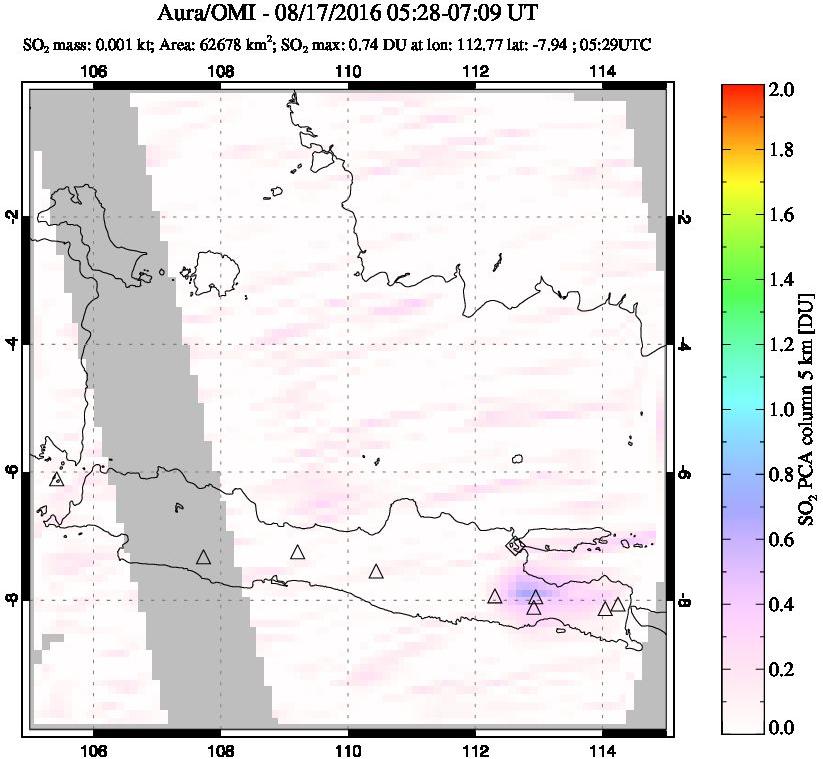 A sulfur dioxide image over Java, Indonesia on Aug 17, 2016.