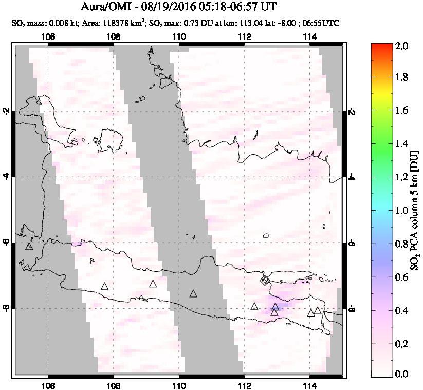 A sulfur dioxide image over Java, Indonesia on Aug 19, 2016.