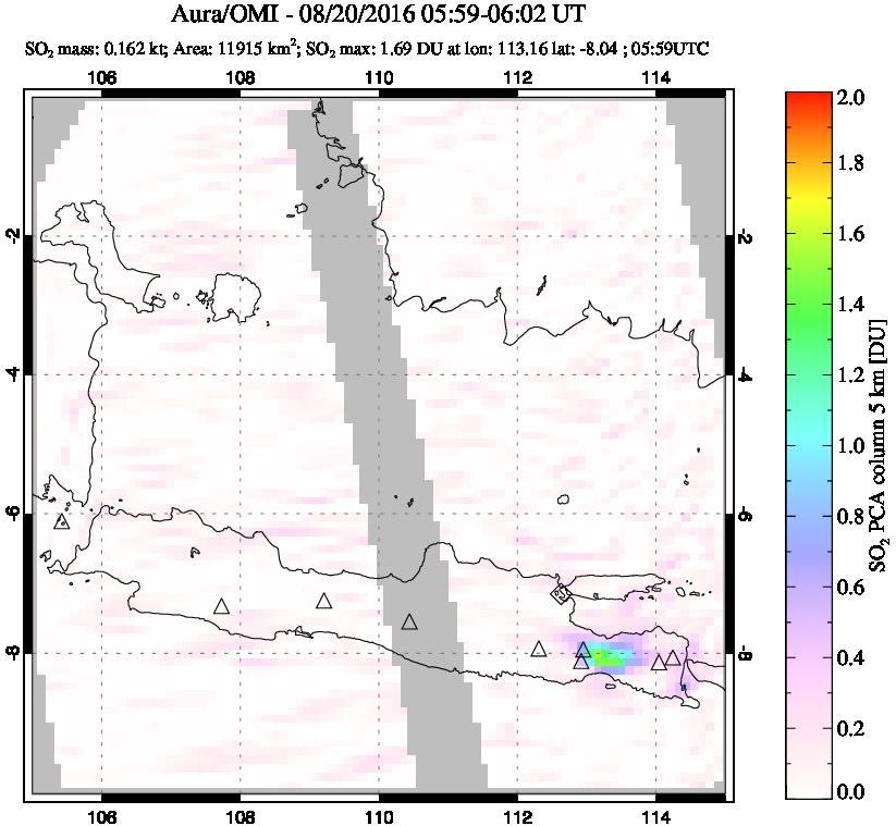 A sulfur dioxide image over Java, Indonesia on Aug 20, 2016.