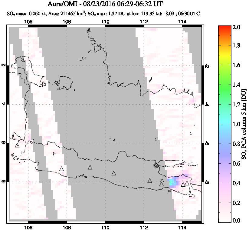 A sulfur dioxide image over Java, Indonesia on Aug 23, 2016.