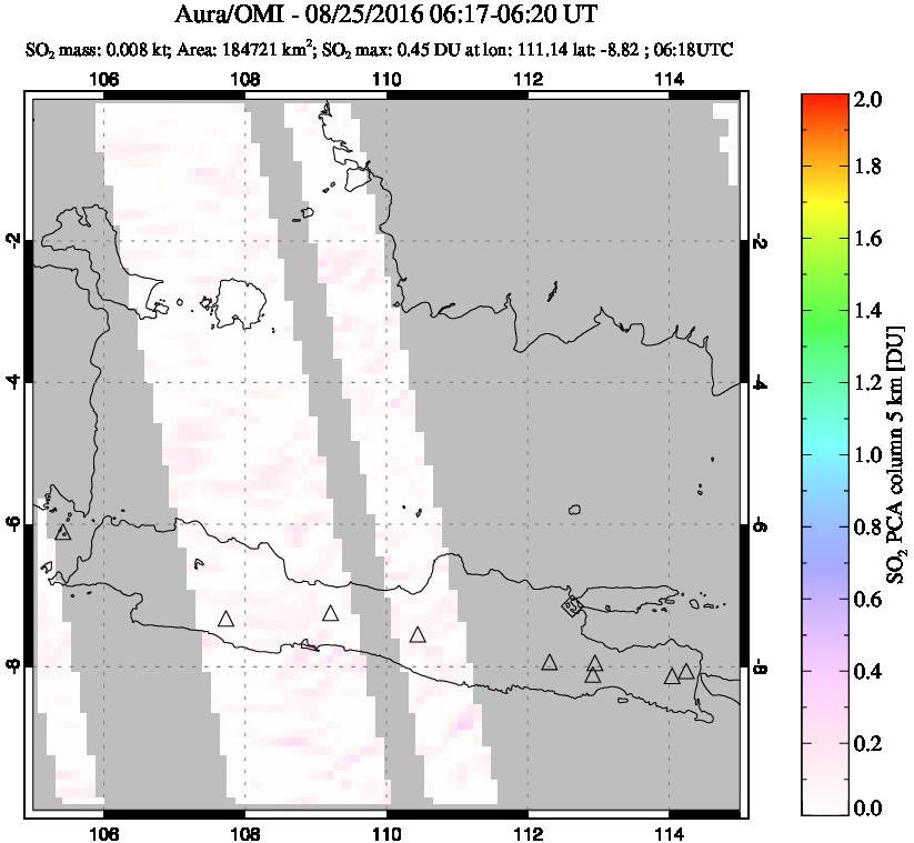 A sulfur dioxide image over Java, Indonesia on Aug 25, 2016.
