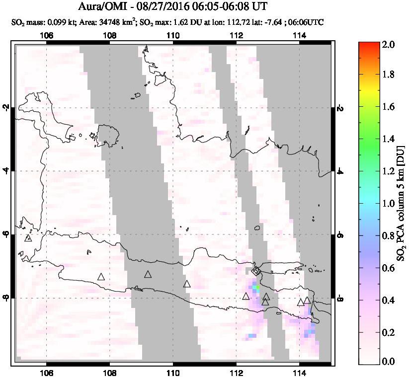A sulfur dioxide image over Java, Indonesia on Aug 27, 2016.