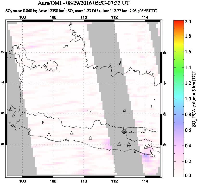A sulfur dioxide image over Java, Indonesia on Aug 29, 2016.