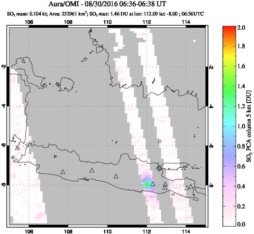 A sulfur dioxide image over Java, Indonesia on Aug 30, 2016.