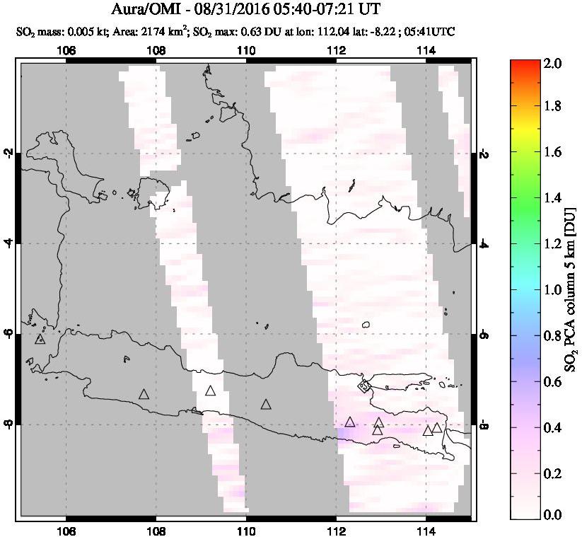 A sulfur dioxide image over Java, Indonesia on Aug 31, 2016.