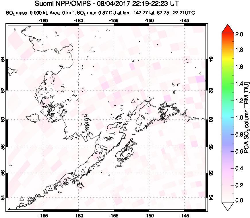 A sulfur dioxide image over Alaska, USA on Aug 04, 2017.