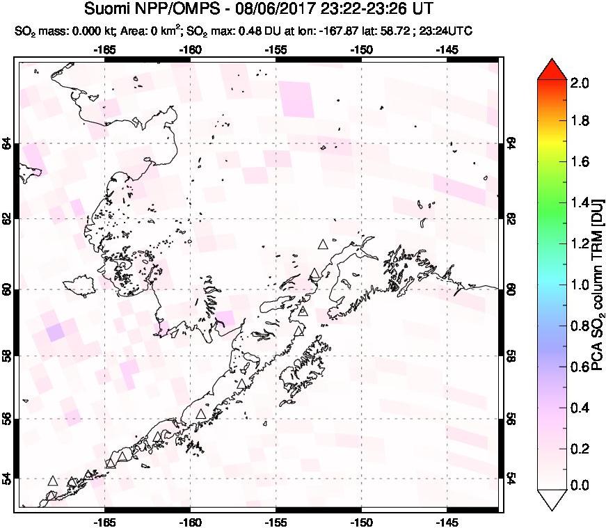A sulfur dioxide image over Alaska, USA on Aug 06, 2017.
