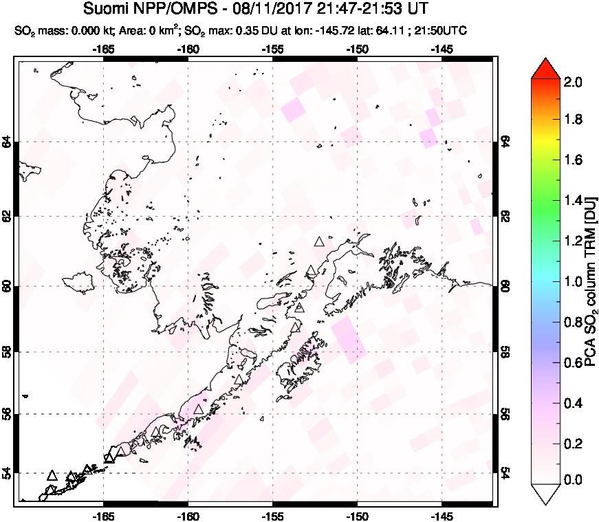 A sulfur dioxide image over Alaska, USA on Aug 11, 2017.