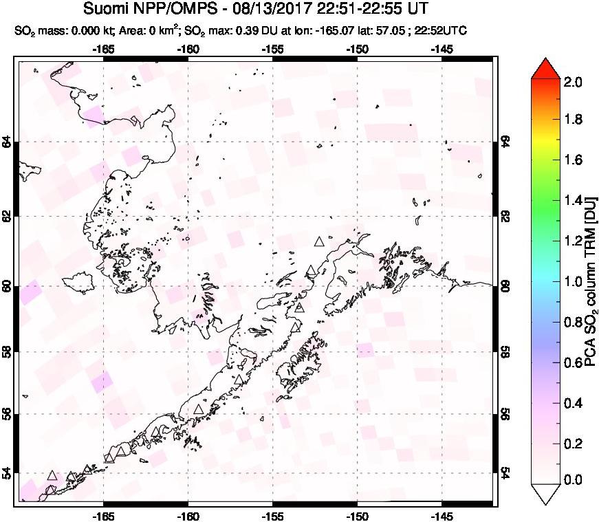 A sulfur dioxide image over Alaska, USA on Aug 13, 2017.