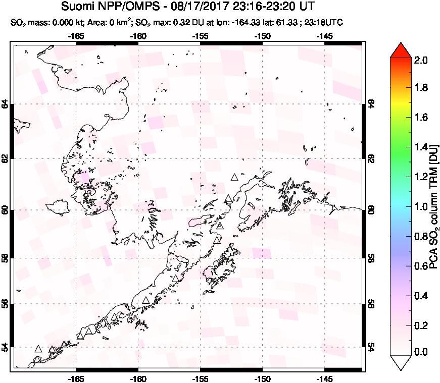 A sulfur dioxide image over Alaska, USA on Aug 17, 2017.