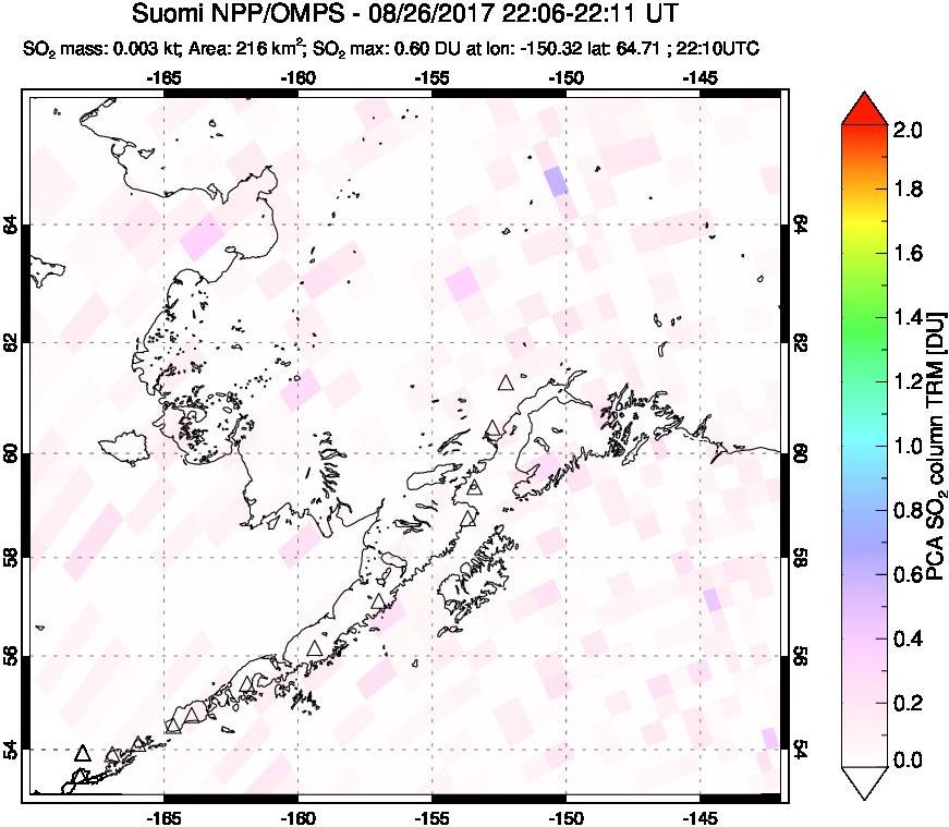 A sulfur dioxide image over Alaska, USA on Aug 26, 2017.