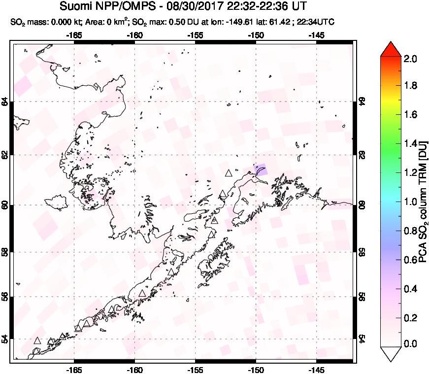 A sulfur dioxide image over Alaska, USA on Aug 30, 2017.