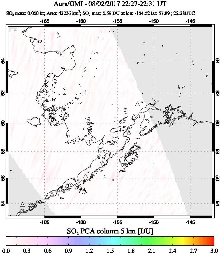 A sulfur dioxide image over Alaska, USA on Aug 02, 2017.