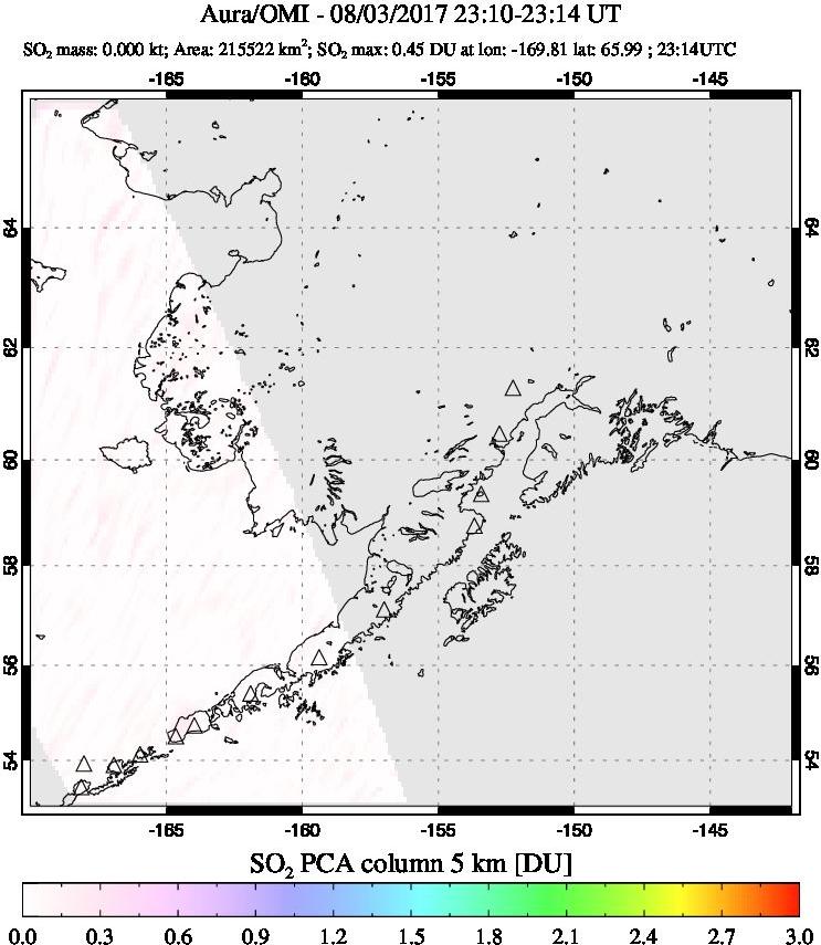 A sulfur dioxide image over Alaska, USA on Aug 03, 2017.