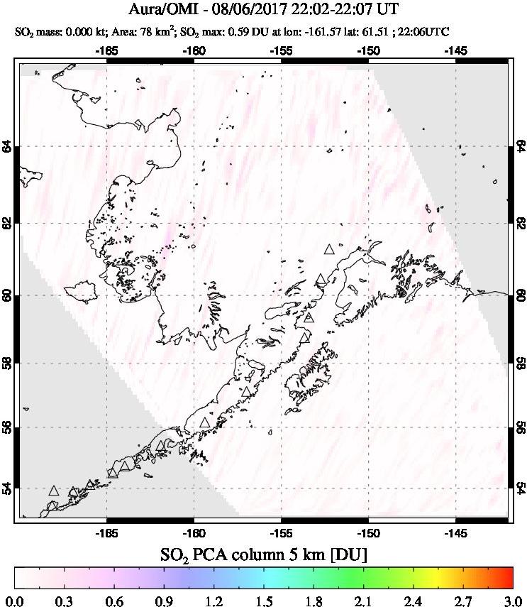 A sulfur dioxide image over Alaska, USA on Aug 06, 2017.
