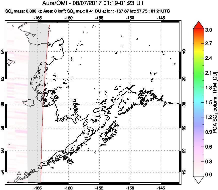 A sulfur dioxide image over Alaska, USA on Aug 07, 2017.