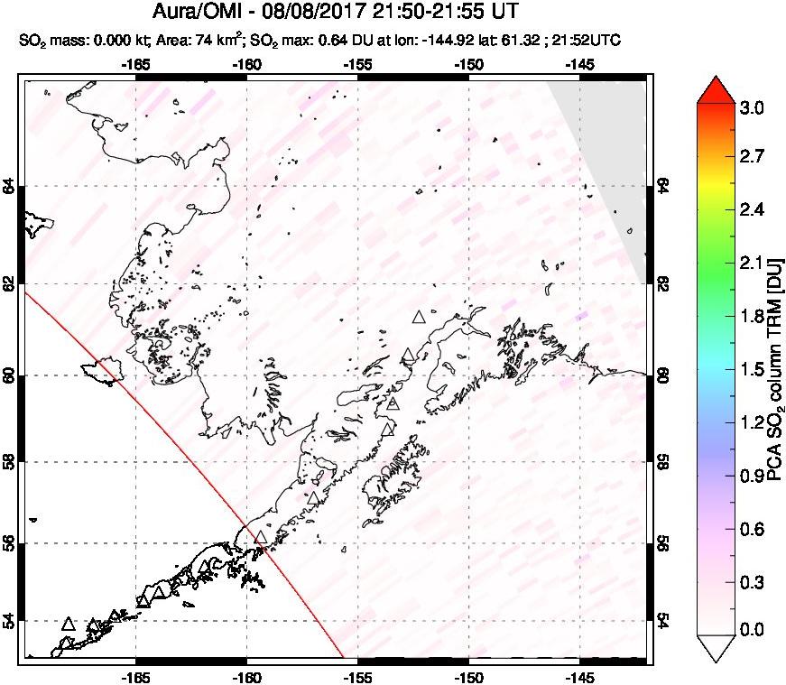 A sulfur dioxide image over Alaska, USA on Aug 08, 2017.