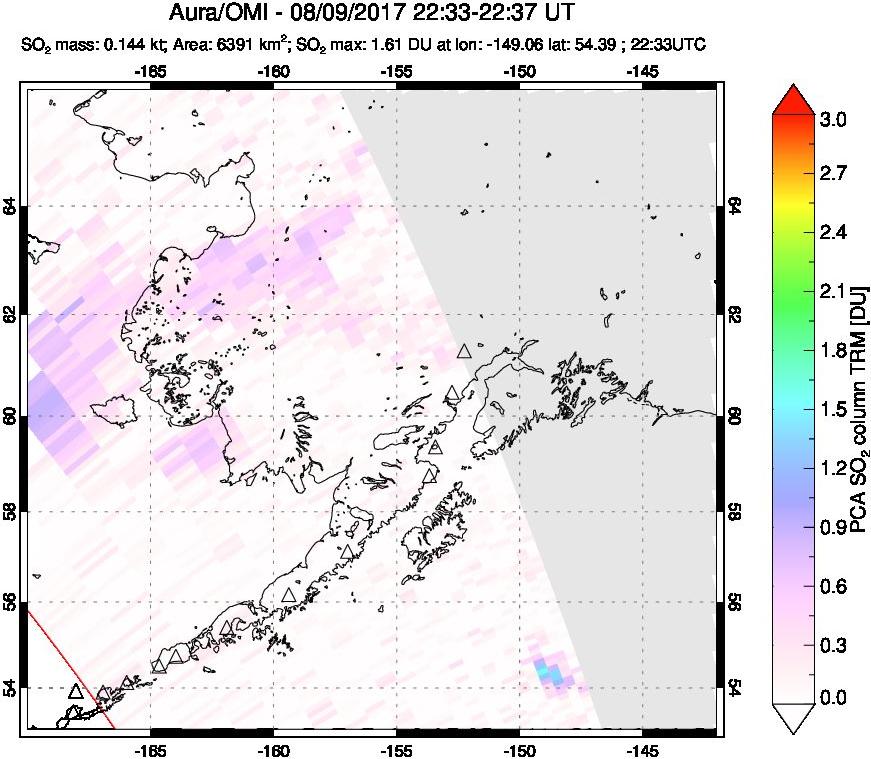 A sulfur dioxide image over Alaska, USA on Aug 09, 2017.