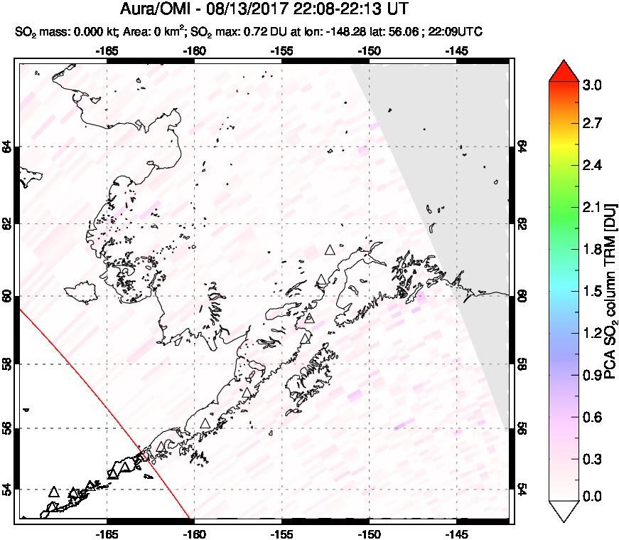 A sulfur dioxide image over Alaska, USA on Aug 13, 2017.