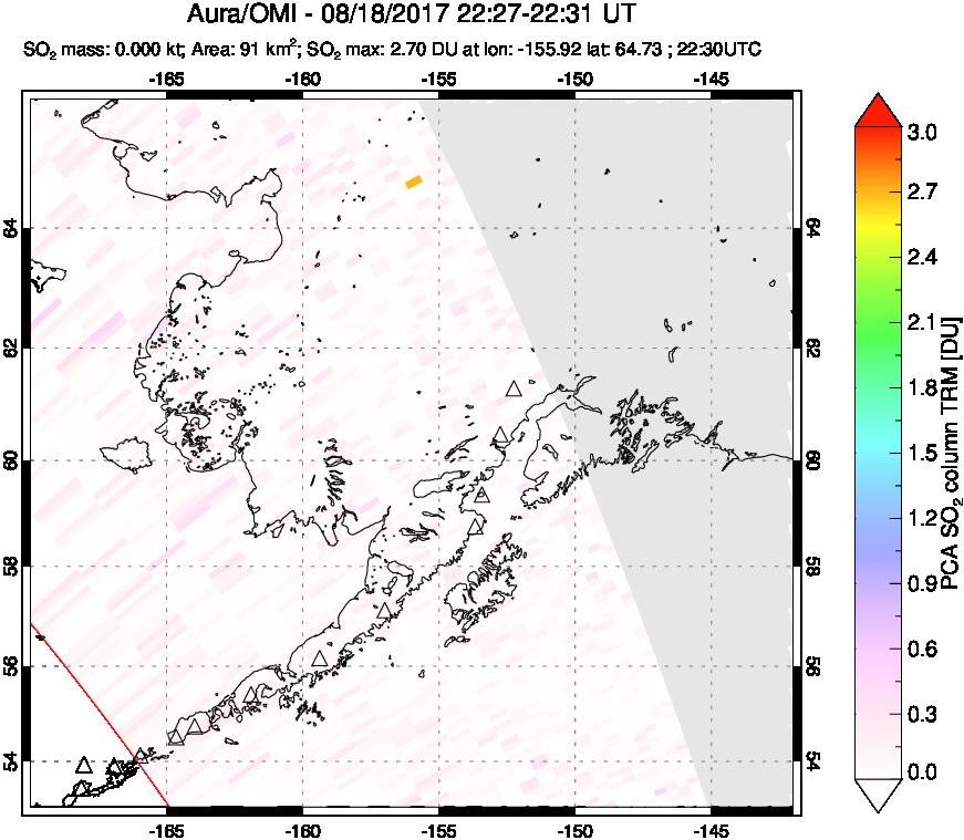 A sulfur dioxide image over Alaska, USA on Aug 18, 2017.