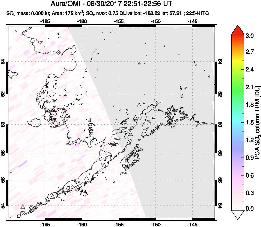 A sulfur dioxide image over Alaska, USA on Aug 30, 2017.