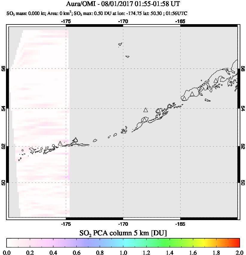A sulfur dioxide image over Aleutian Islands, Alaska, USA on Aug 01, 2017.