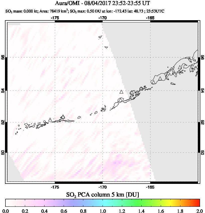 A sulfur dioxide image over Aleutian Islands, Alaska, USA on Aug 04, 2017.