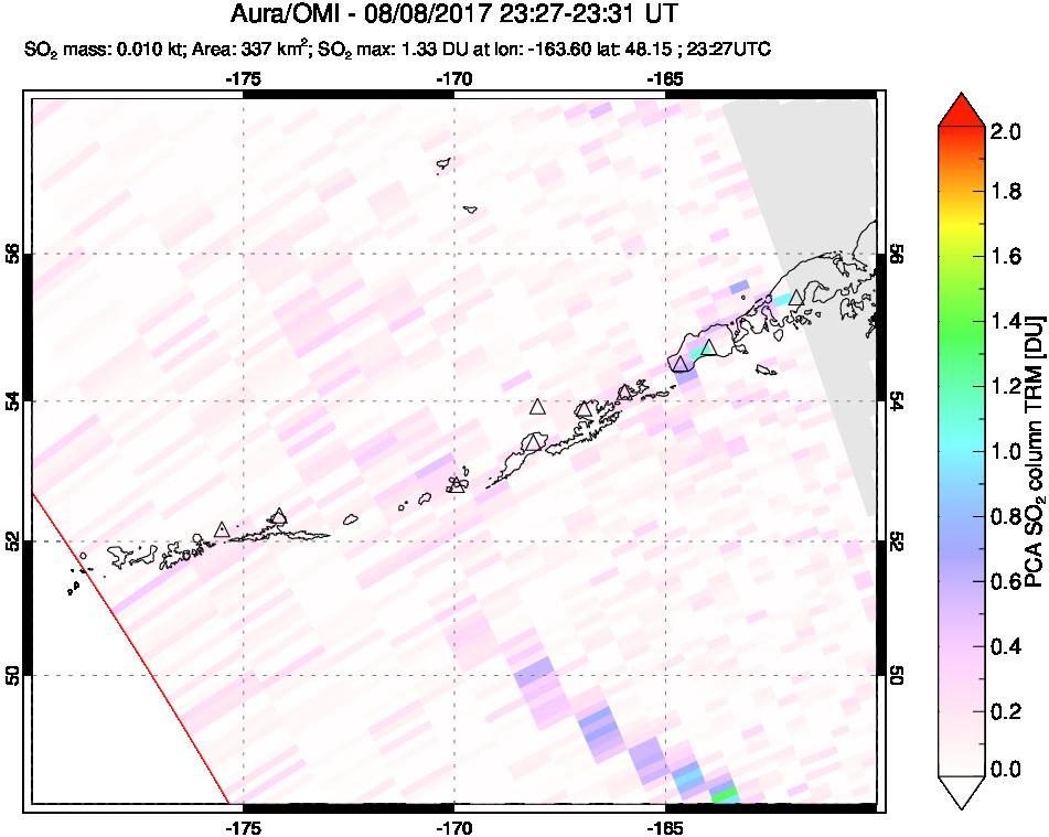 A sulfur dioxide image over Aleutian Islands, Alaska, USA on Aug 08, 2017.