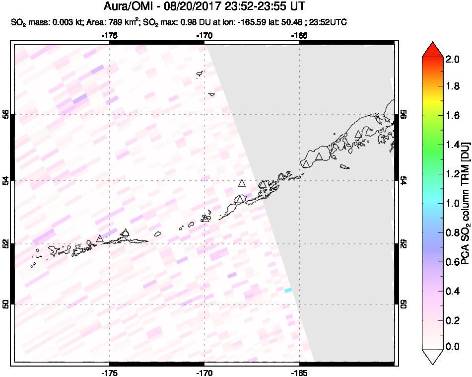A sulfur dioxide image over Aleutian Islands, Alaska, USA on Aug 20, 2017.