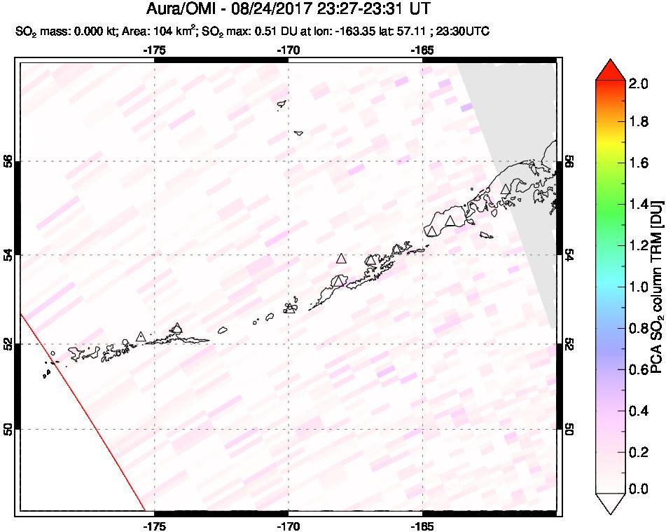 A sulfur dioxide image over Aleutian Islands, Alaska, USA on Aug 24, 2017.