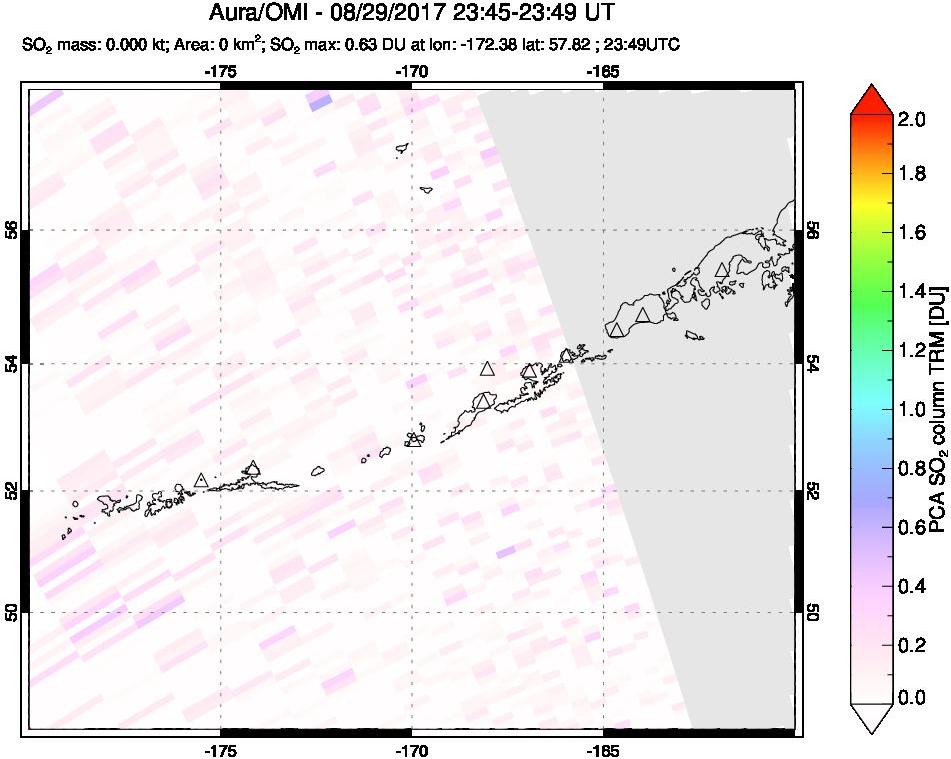 A sulfur dioxide image over Aleutian Islands, Alaska, USA on Aug 29, 2017.
