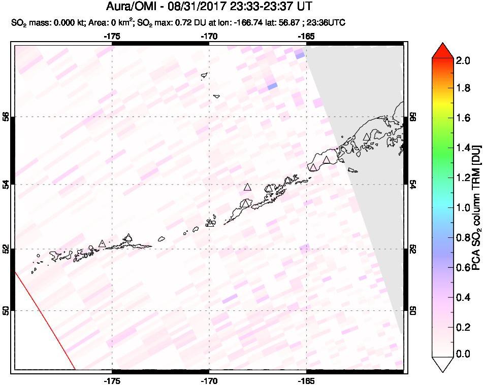 A sulfur dioxide image over Aleutian Islands, Alaska, USA on Aug 31, 2017.