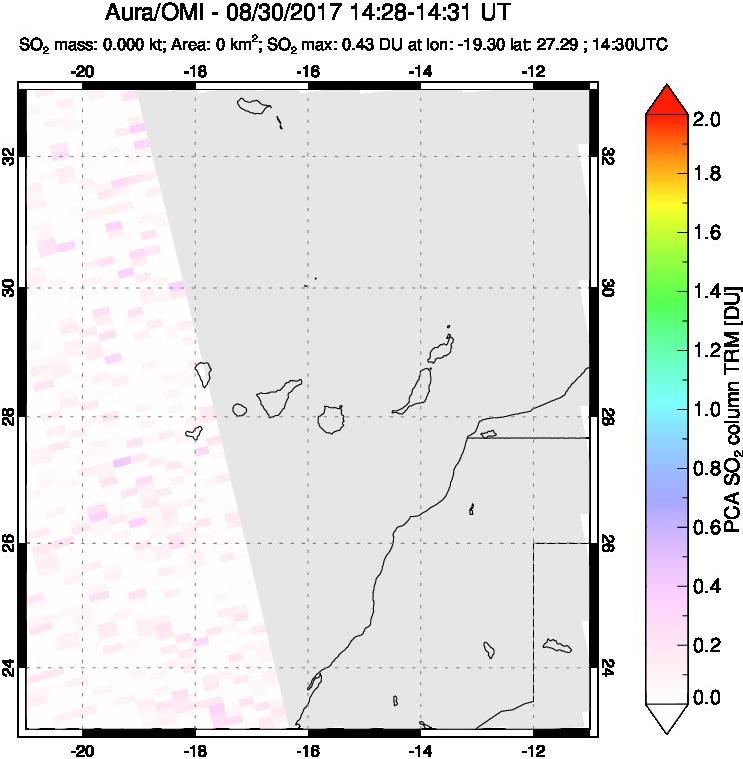 A sulfur dioxide image over Canary Islands on Aug 30, 2017.