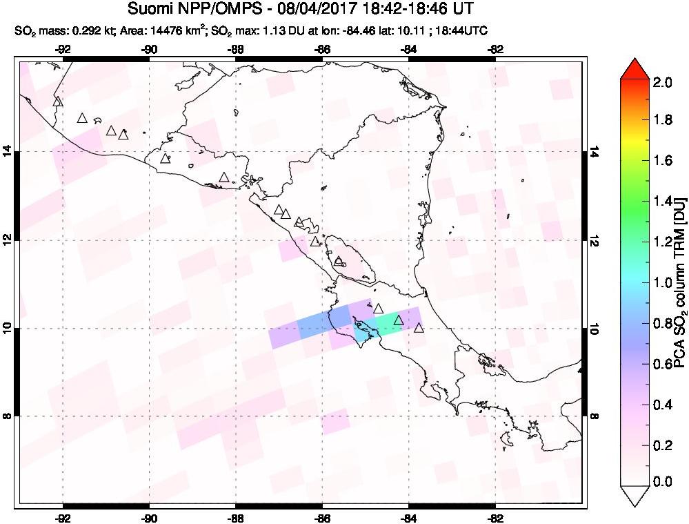 A sulfur dioxide image over Central America on Aug 04, 2017.