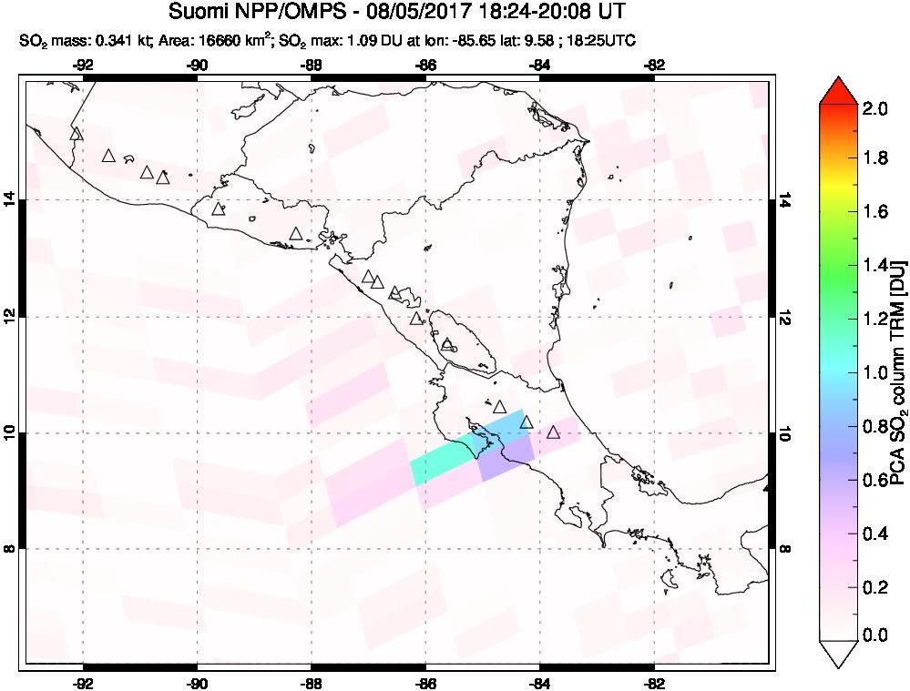 A sulfur dioxide image over Central America on Aug 05, 2017.