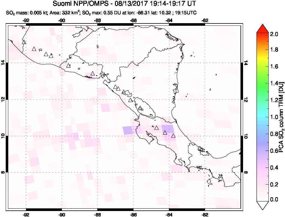 A sulfur dioxide image over Central America on Aug 13, 2017.