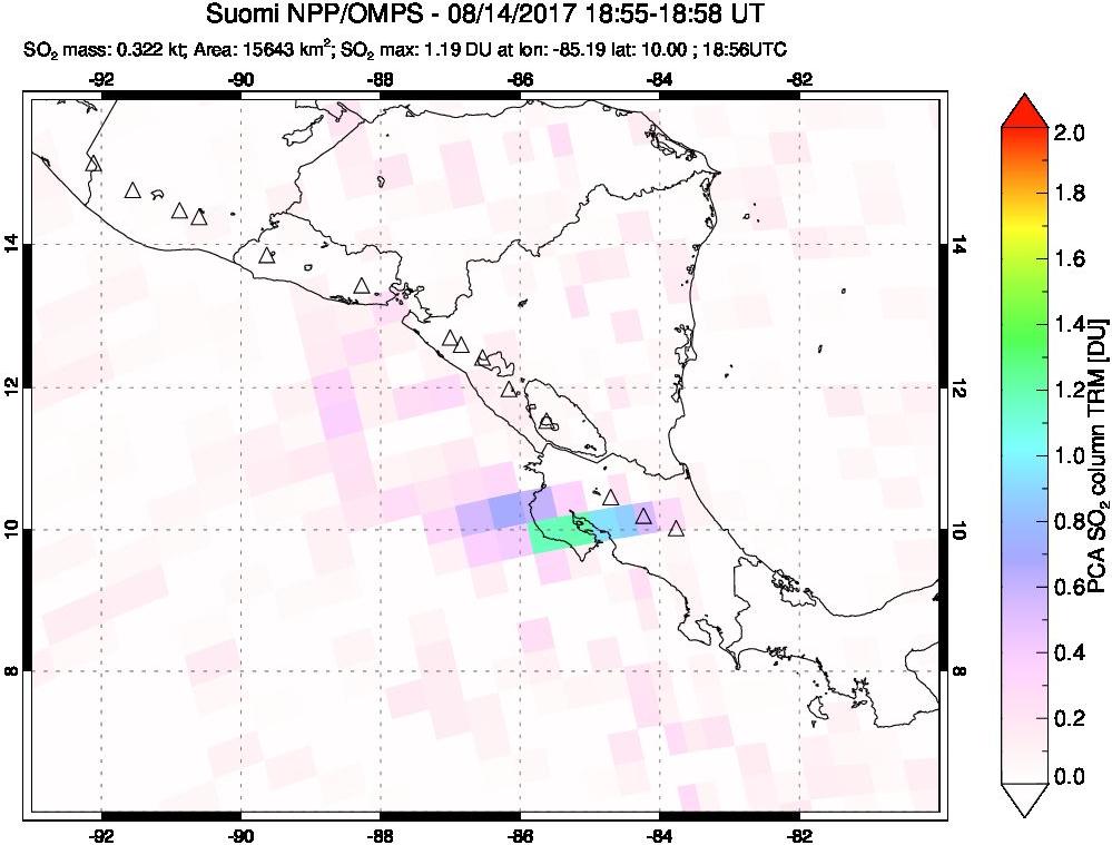 A sulfur dioxide image over Central America on Aug 14, 2017.
